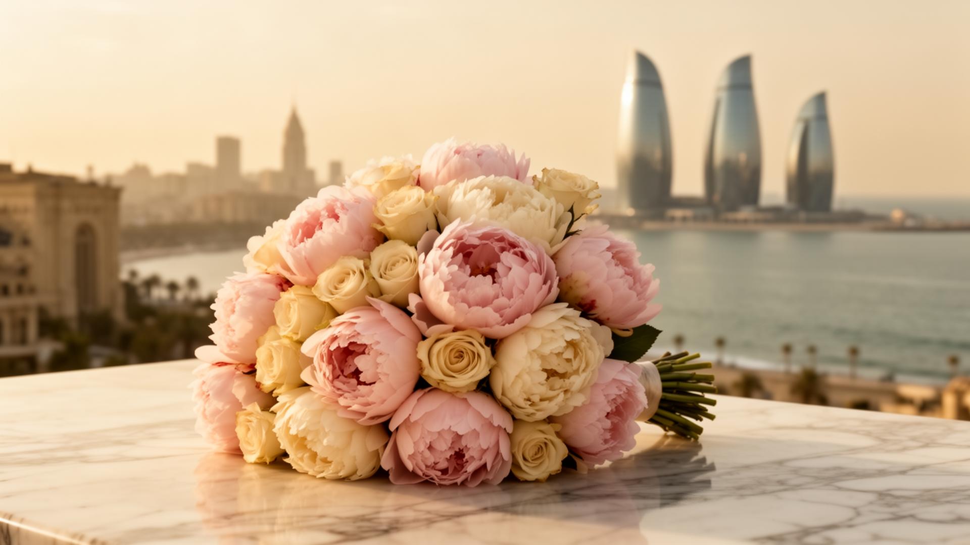 Luxurious bouquet of peonies and roses with Baku skyline
